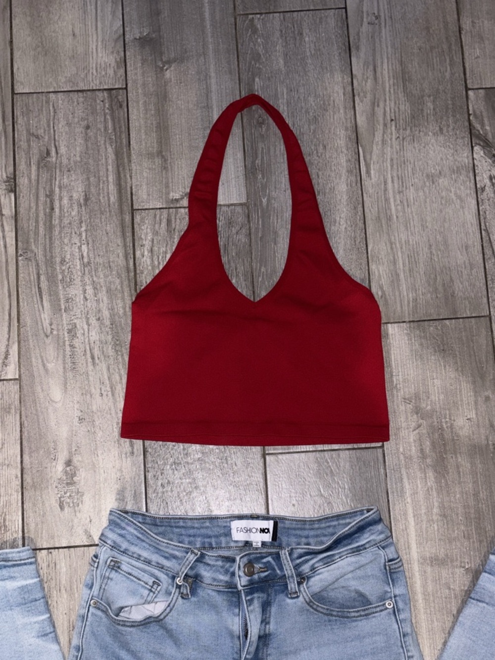Bozzolo Red Halter V-Neck Crop Top